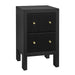Black [Brand] nightstand with gold knobs and ribbed drawers.