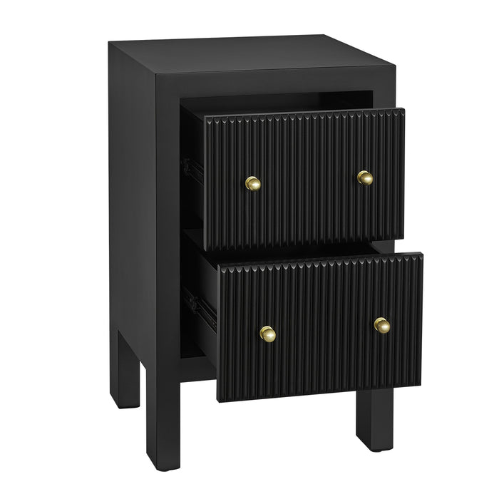 Black [Brand] side table with textured drawers and brass knobs.