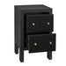 Black [Brand] side table with textured drawers and brass knobs.