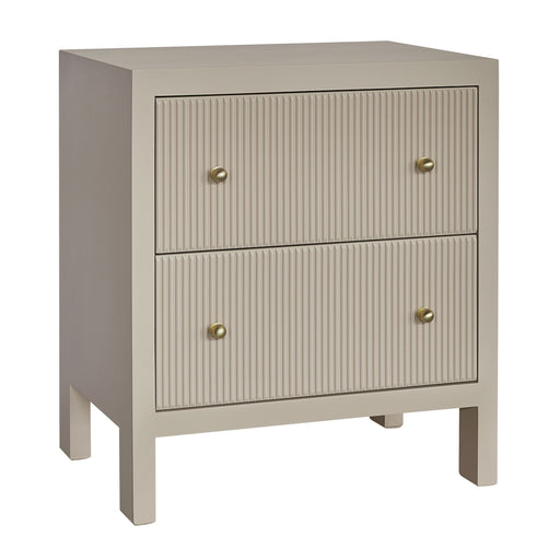 [Brand] beige nightstand with two textured drawers, gold knobs.