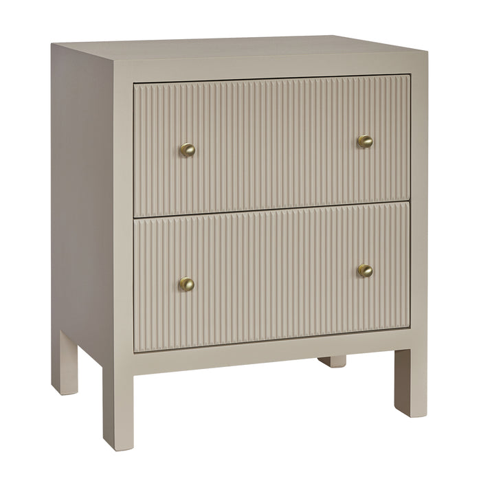 [Brand] beige nightstand with two textured drawers, gold knobs.
