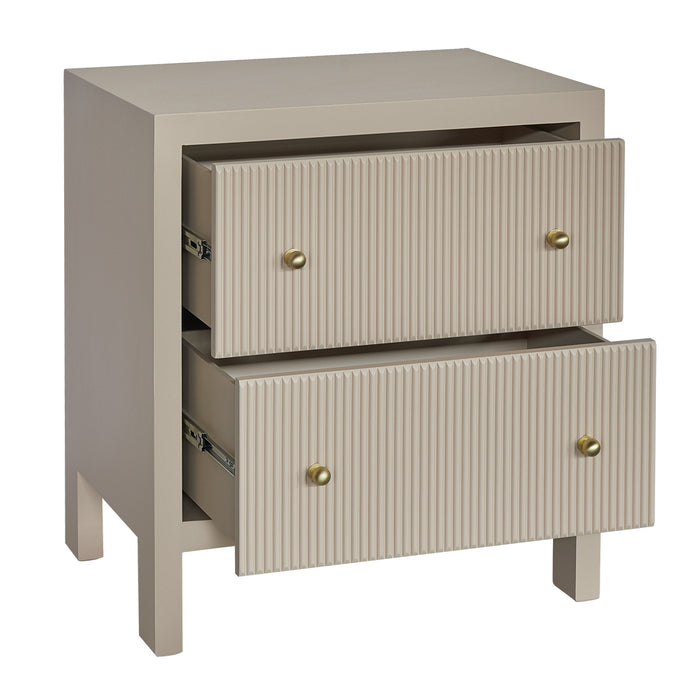 [Brand] beige chest with two open drawers, gold knobs.