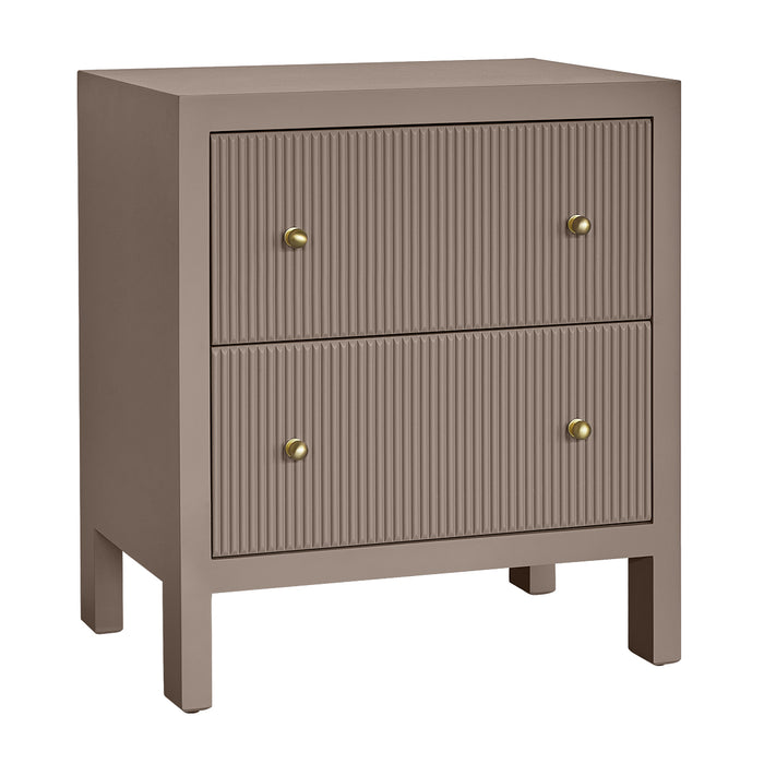 [Brand] beige nightstand with two drawers and brass knobs.