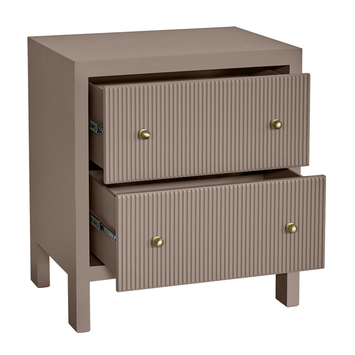 [Brand] modern taupe nightstand with textured drawers partially open.