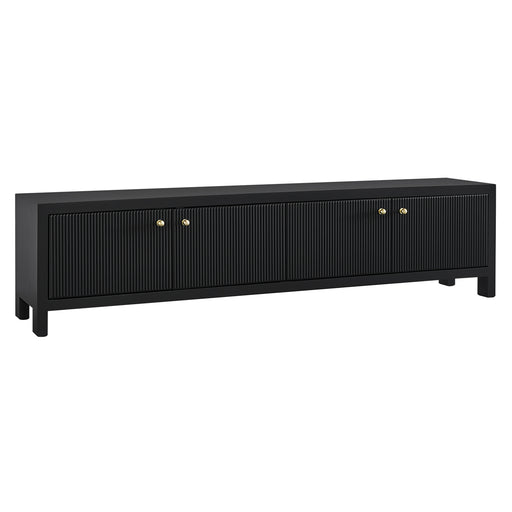 Black media console with gold knobs by [Brand].