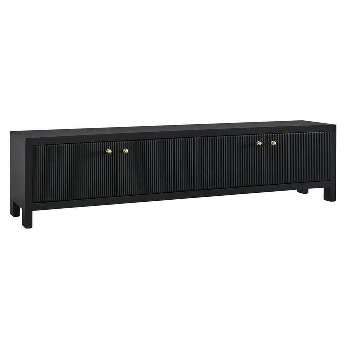 Black media console with gold knobs by [Brand].
