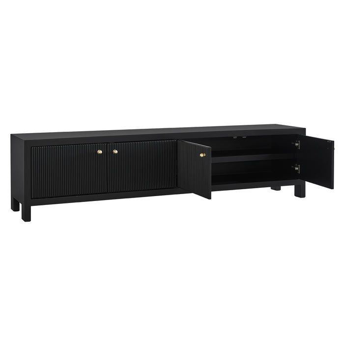 Black TV stand with open cabinets by [Brand], elegant design.