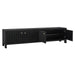 Black TV stand with open cabinets by [Brand], elegant design.