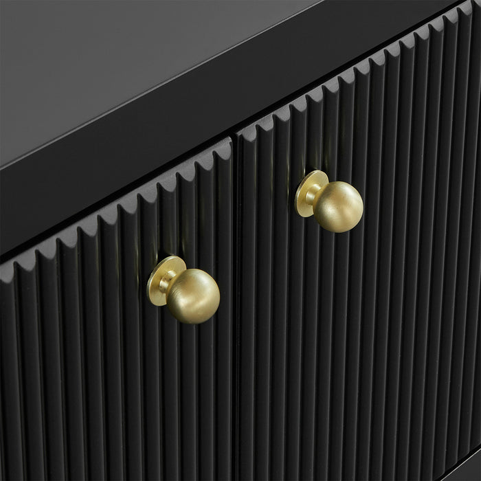 Black [Brand] cabinet with textured doors and gold knobs.