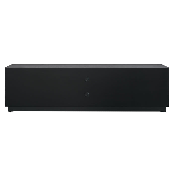 [Brand] sleek black TV stand with minimalist design and doors.