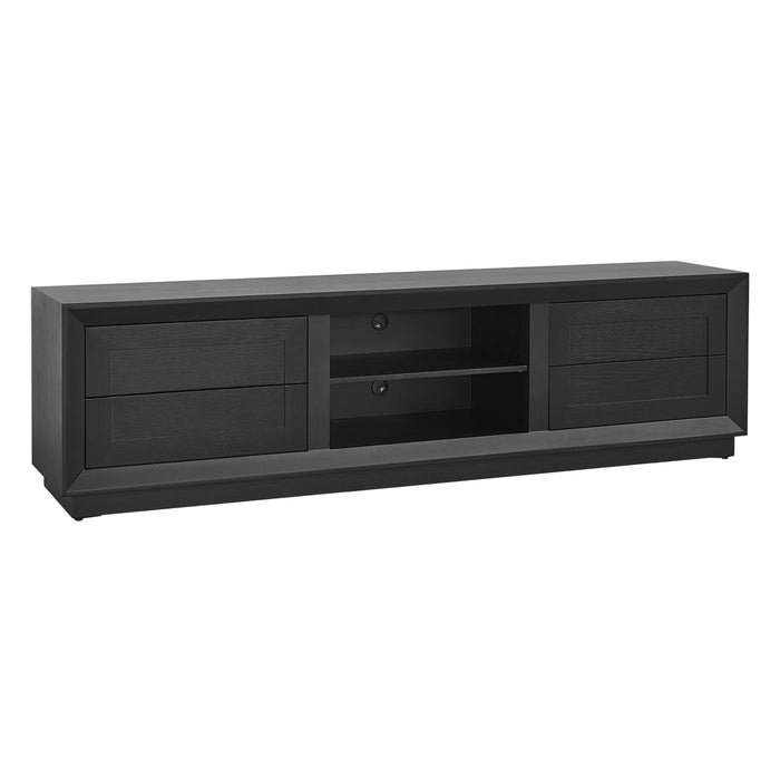Black [Brand] TV stand with shelves and cabinets, modern design.
