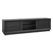 Black [Brand] TV stand with shelves and cabinets, modern design.