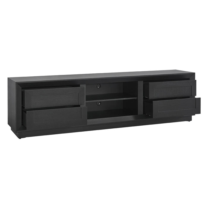 Black wooden TV stand with drawers and shelves, [Brand].