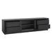 Black wooden TV stand with drawers and shelves, [Brand].