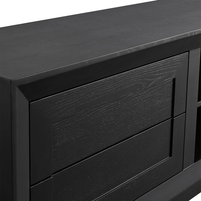 [Brand] sleek black wooden dresser with minimalist design details.