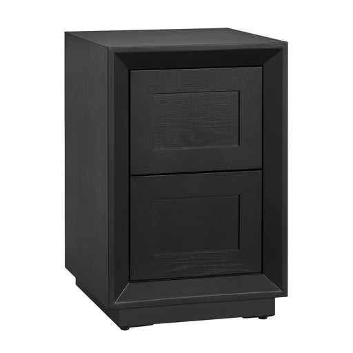 [Brand] sleek black two-drawer wooden cabinet, minimalist design.