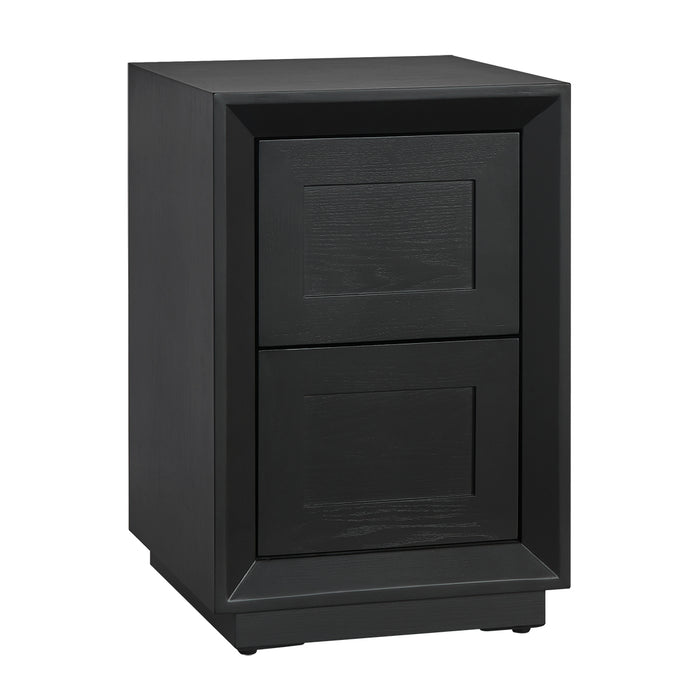 [Brand] sleek black two-drawer wooden cabinet, minimalist design.