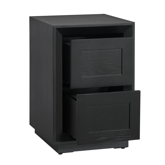 [Brand] black wooden cabinet with two open drawers.