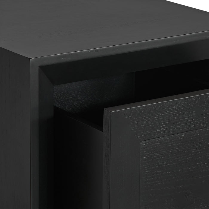 Black wooden drawer detail of [Brand] modern cabinet design.