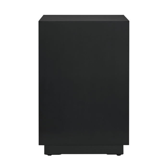 Black minimalist cube cabinet from [Brand] with subtle base detailing.