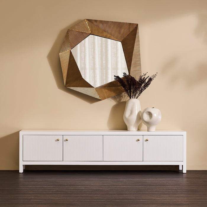 [Brand] contemporary sideboard, geometric mirror, ceramic vases, beige room.
