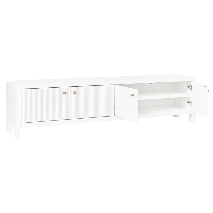 White [Brand] TV stand with open and closed cabinets.