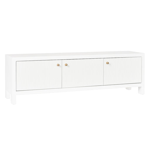 [Brand] white modern sideboard with three doors, gold knobs.