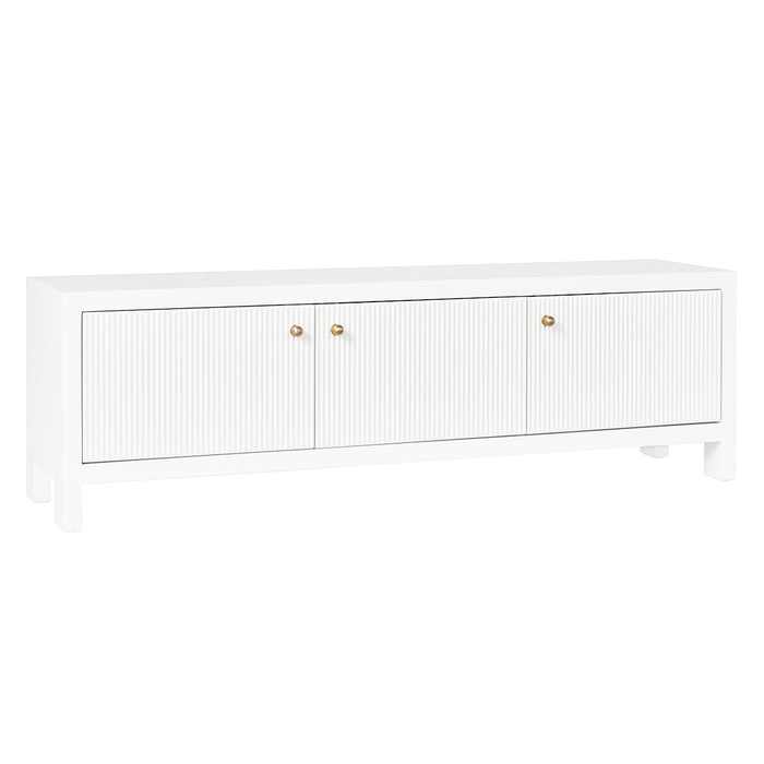 [Brand] white modern sideboard with three doors, gold knobs.
