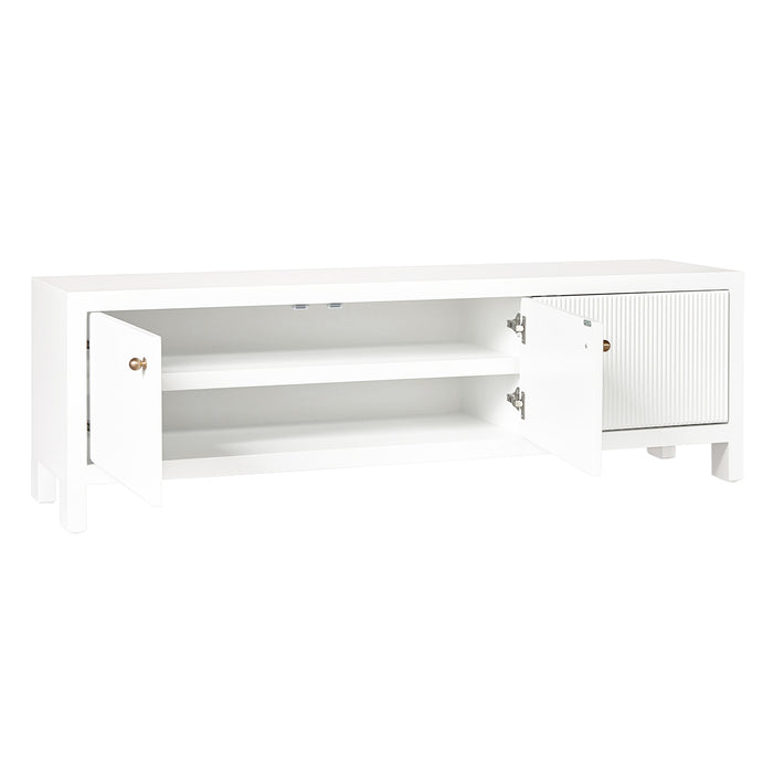 White [Brand] TV unit with open double cabinet doors.