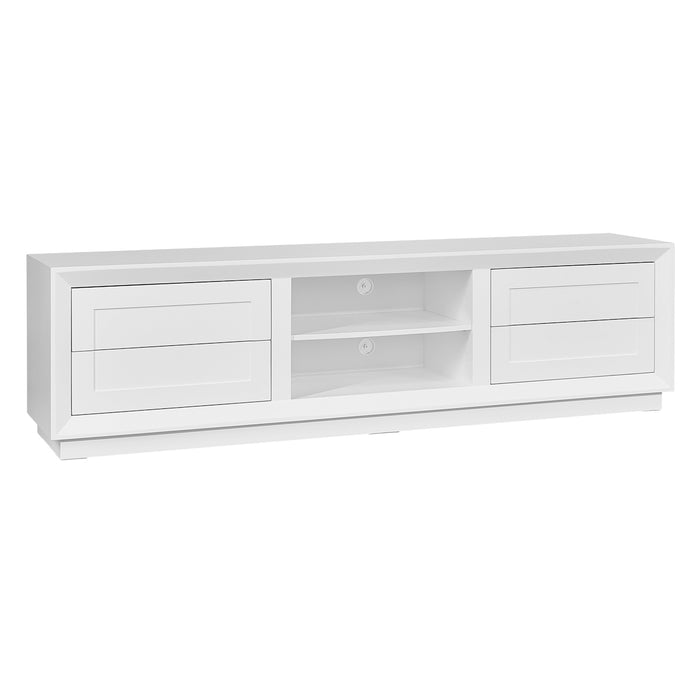 [Brand] sleek white TV stand with cabinets and shelves.