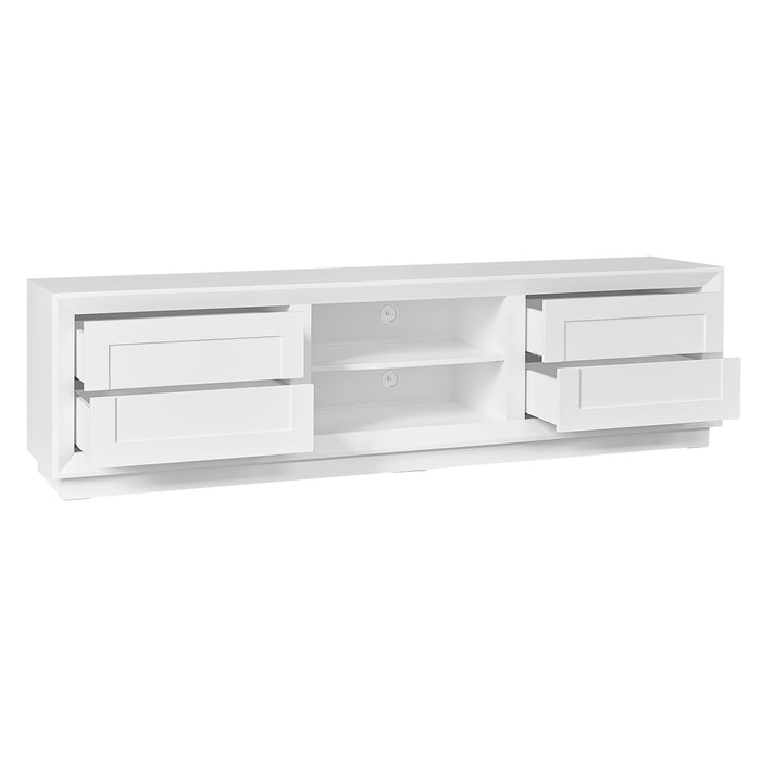 White [Brand] TV stand with drawers and open shelves.