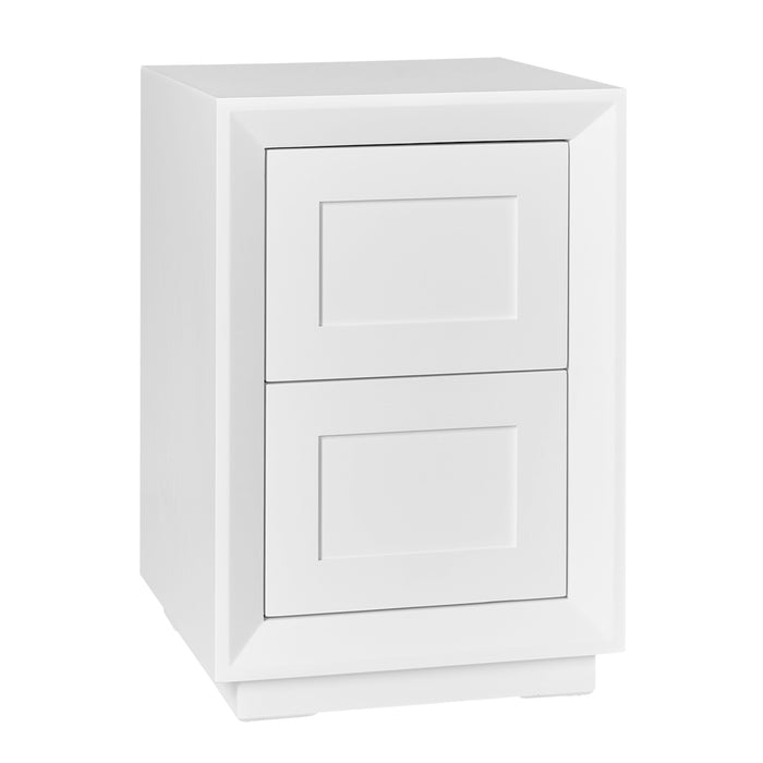 White [Brand] nightstand with two drawers and modern design.