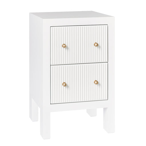 [Brand] white nightstand with two drawers, wooden knobs.