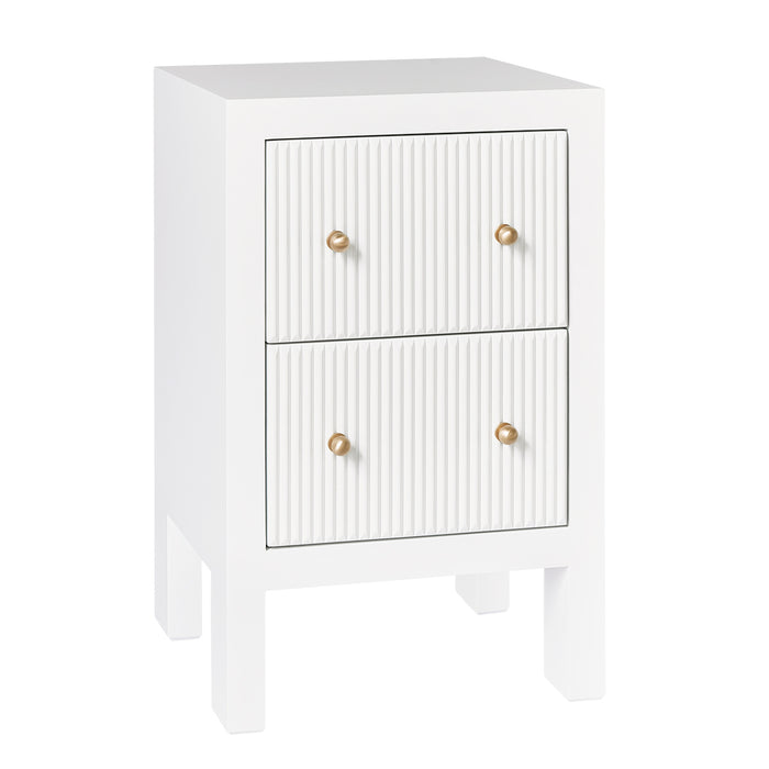 [Brand] white nightstand with two drawers, wooden knobs.