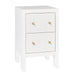 [Brand] white nightstand with two drawers, wooden knobs.
