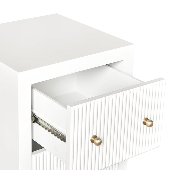 [Brand] white drawer unit with textured front, open view.