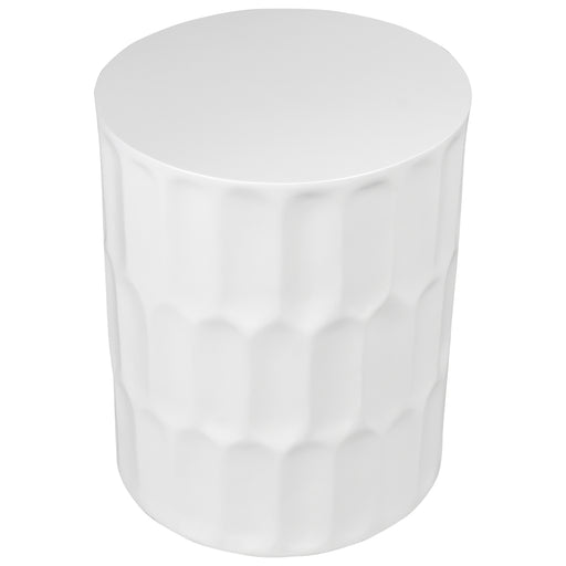 [Brand] white ceramic stool with textured geometric pattern.