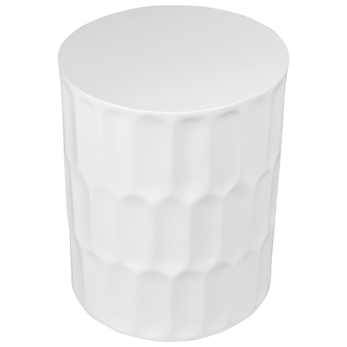 [Brand] white ceramic stool with textured geometric pattern.
