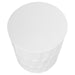 White, cylindrical [Brand] table with textured geometric surface design.
