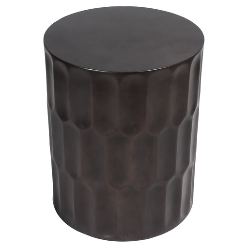 Dark cylindrical stool with textured pattern by [Brand].