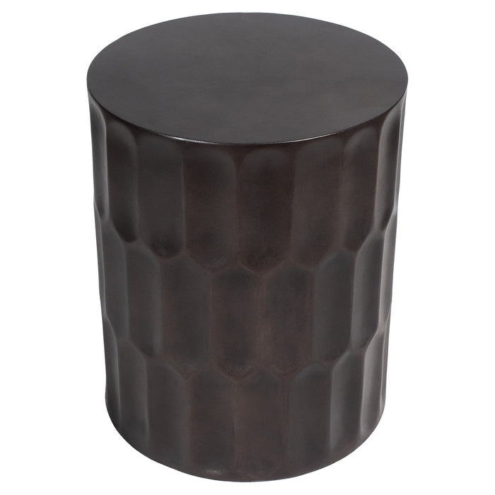Dark cylindrical stool with textured pattern by [Brand].