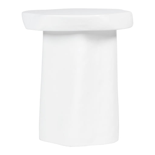 White minimalist side table with round top, [Brand] design.