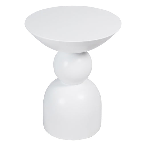 White modern side table with spherical base. [Brand] design.