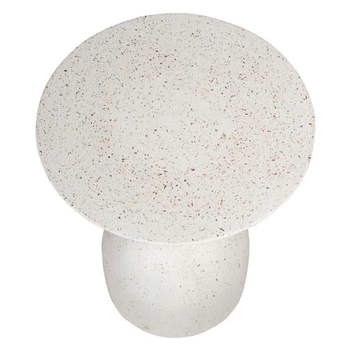 Round speckled terrazzo side table by [Brand], minimalist design.