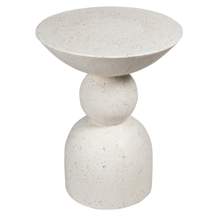 [Brand] speckled white sculptural round side table with unique design.