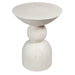 [Brand] speckled white sculptural round side table with unique design.