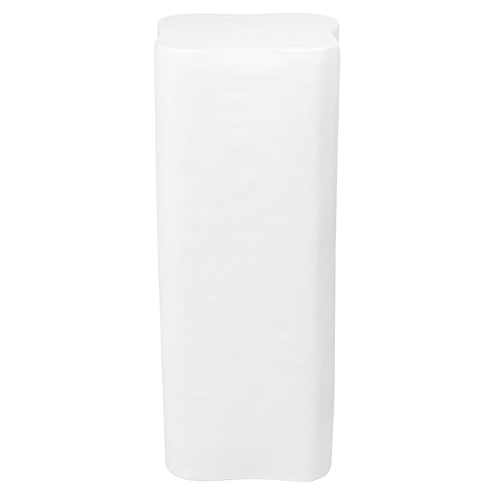 Tall, sleek white rectangular shape from [Brand] display stand.