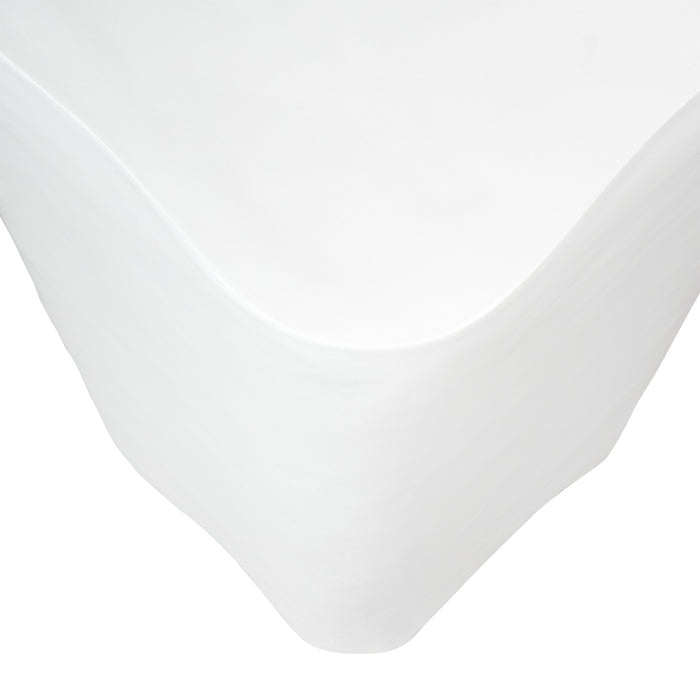 [Brand] white fitted bed sheet corner, smooth and clean appearance.