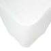 [Brand] white fitted bed sheet corner, smooth and clean appearance.