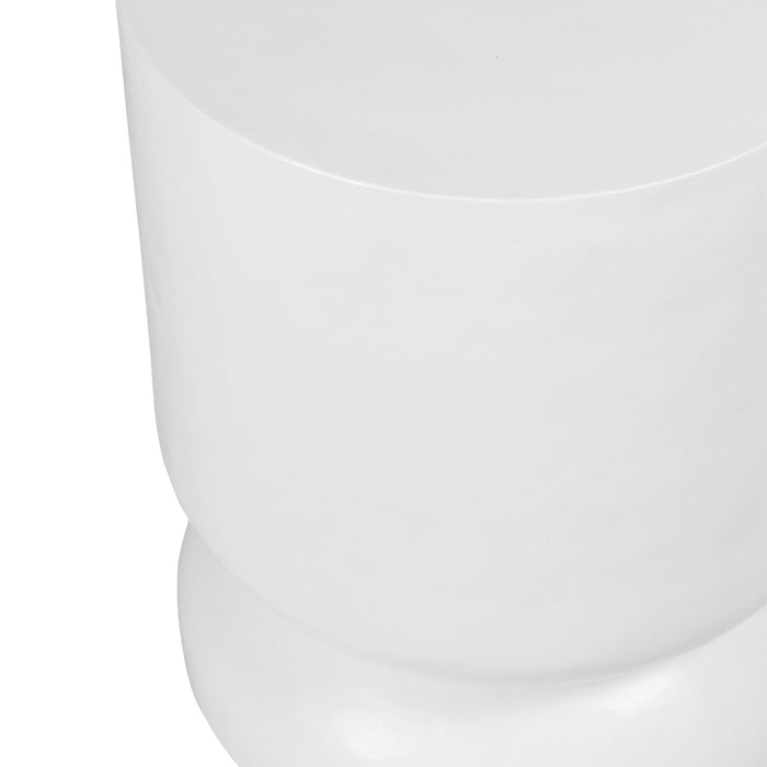 White cylindrical [Brand] stool with smooth, minimalist design.